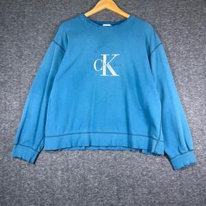 Calvin Klein Jeans Blue Crewneck Distressed Logo Sweatshirt Women Size L